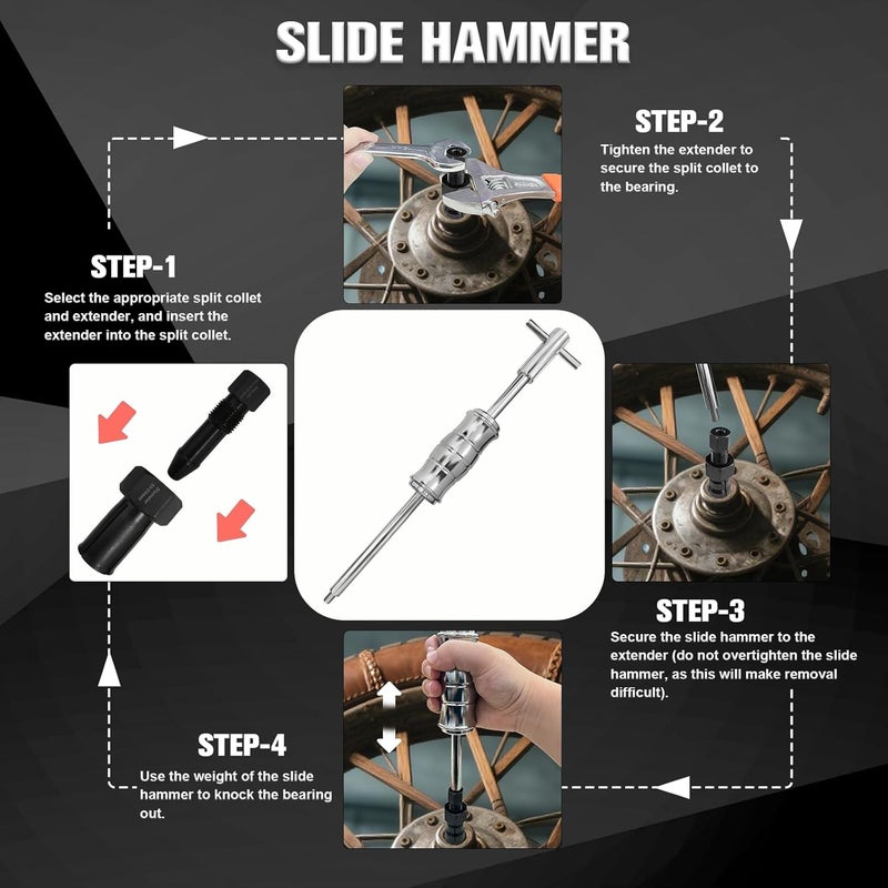 FITHOIST 12Pcs Motorcycle Blind Hole Bearing Puller Kit,Slide Hammer Puller Set, Pilot Insert Inner Bearing Puller with Collets 8-32MM - Image 5